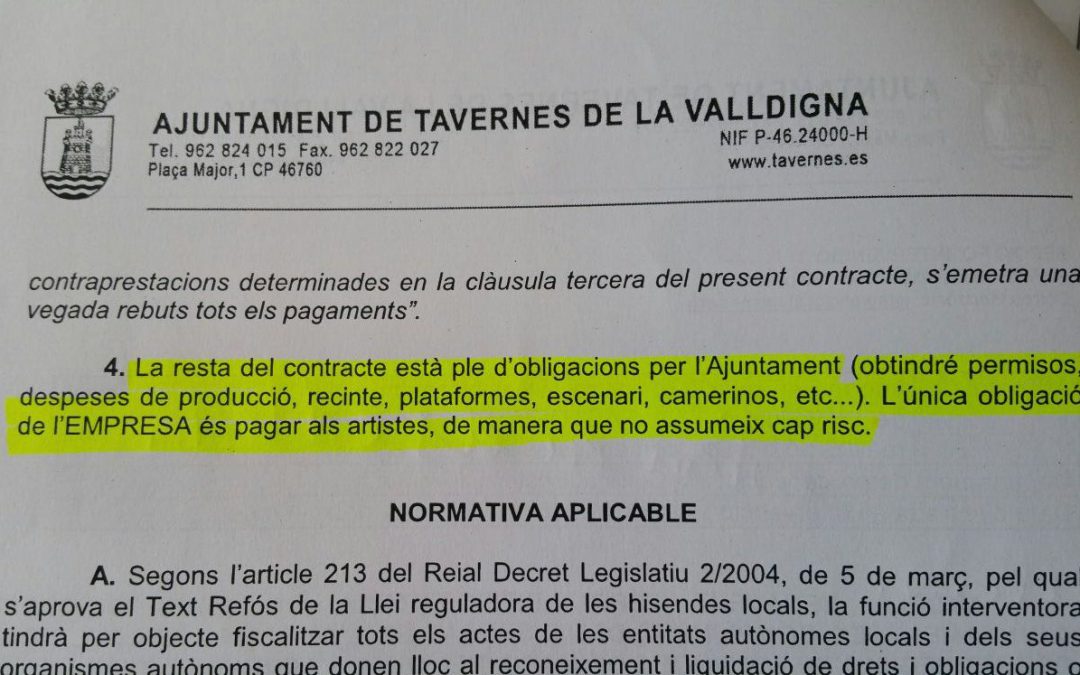 El Partido Popular de Tavernes solicita detalles sobre el contrato ilegal de las pasadas fiestas del pueblo